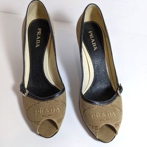 Prada Pumps Brown Canvas Logo Peep Toe